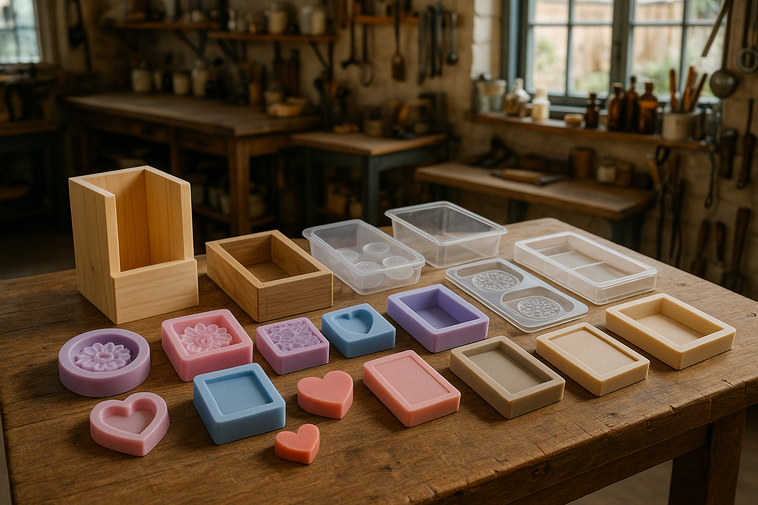 Create a realistic image of various soap molds on a table like a workshop setting where customers can pick the soap mold they want