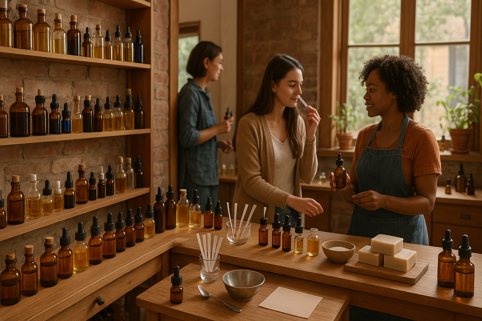 create a realistic picture of a workshop that has various fragrance vials where customers can pick fragrances for their soap